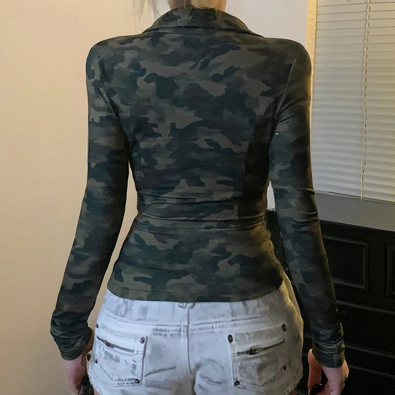 Jane Camo Low Cut Fitted Long Sleeve Top