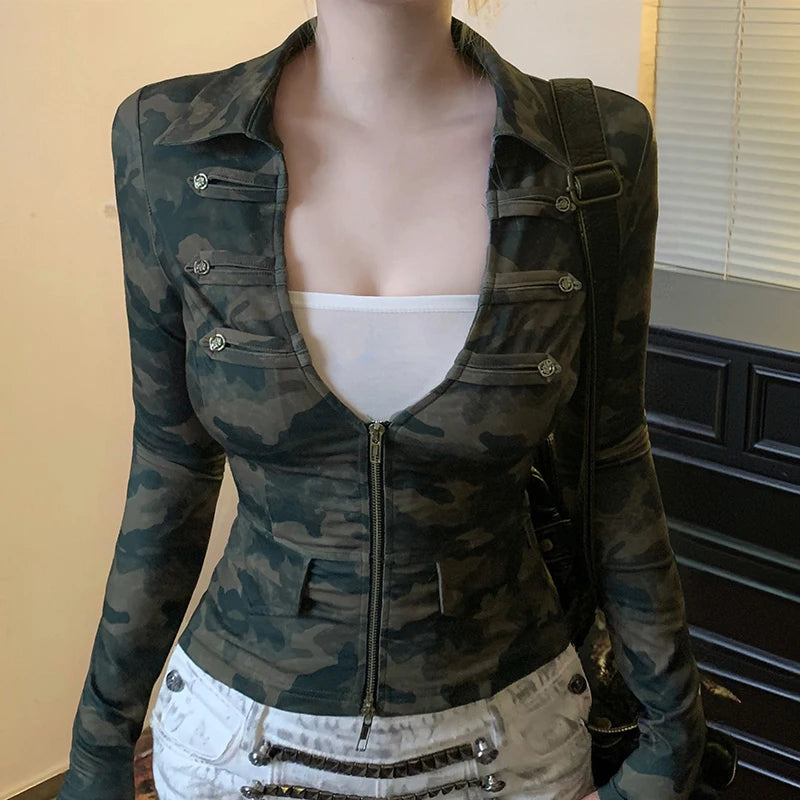 Jane Camo Low Cut Fitted Long Sleeve Top