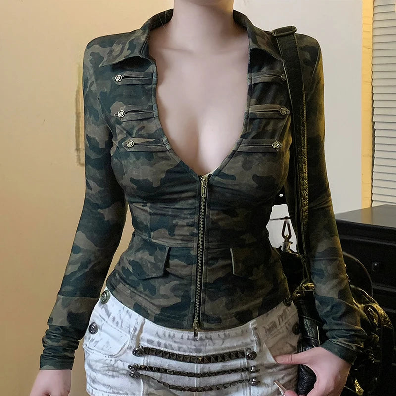 Jane Camo Low Cut Fitted Long Sleeve Top