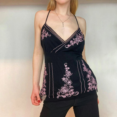 Aurora Embroidered Pink Black Cami