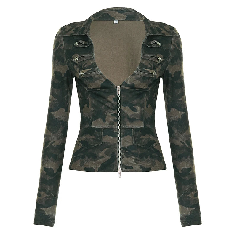 Jane Camo Low Cut Fitted Long Sleeve Top