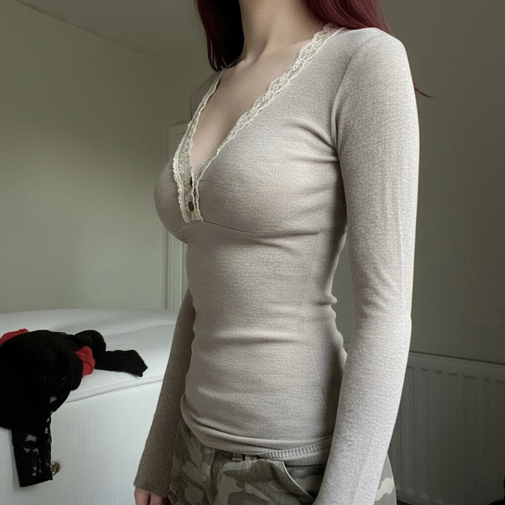 Angel Lace V-neck Knitted Long Sleeve Top