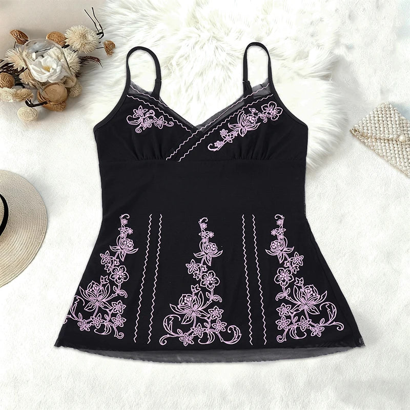 Aurora Embroidered Pink Black Cami